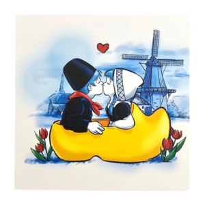 Typisch Hollands Double greeting card - Kissing couple in clogs at the mill