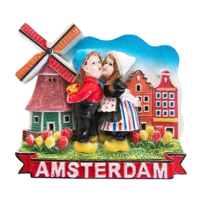 TTD Gifts Magnet Küssendes Paar an Giebelhäusern und Mühle - Amsterdam