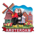Typisch Hollands Magnet Küssendes Paar an Giebelhäusern und Mühle - Amsterdam