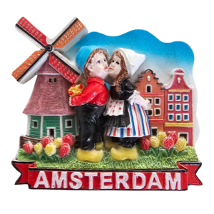 TTD Gifts Magneet Kuspaar bij gevelhuisjes en molen - Amsterdam