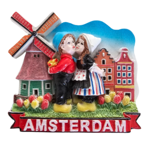 TTD Gifts Magnet Kissing couple at gable houses and mill - Amsterdam