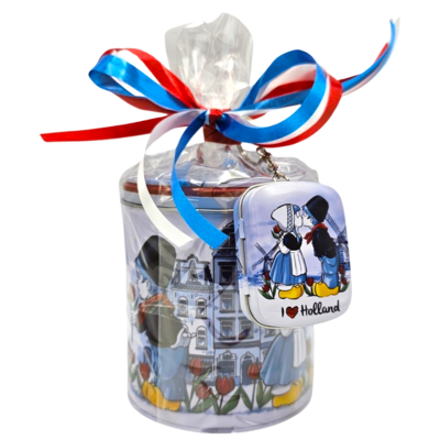 typisch-hollands-geschenkpakket Stroopwafels in Holland blik - met sleutelhanger Minimint-blikje