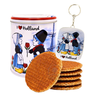 typisch-hollands-geschenkpakket Stroopwafels in einer Holland-Dose – mit Schlüsselanhänger Minimint-Dose
