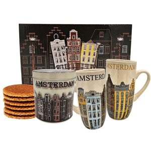 Typisch Hollands Cadeauset - Mokken en blik stroopwafels - Amsterdam gevelhuizen