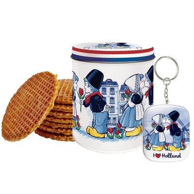 www.typisch-hollands-geschenkpakket.nl Stroopwafels in einer Holland-Dose – mit Schlüsselanhänger Minimint-Dose