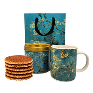 Typisch Hollands Geschenkset Van Gogh Becher und Dose Stroopwafels – Mandelblüte