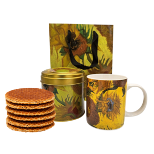 Typisch Hollands Geschenkset Van Gogh Becher und Dose Stroopwafels – Sonnenblumen