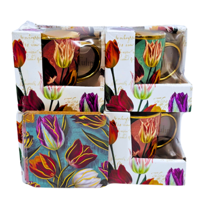 Matix Geschenkset mit 4 großen Tassen – Hübsche Tulpen mit kostenlosen Untersetzern