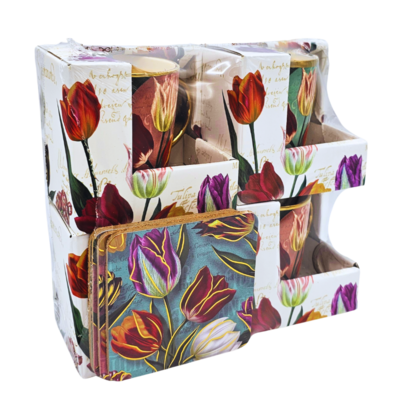 Typisch Hollands Geschenkset mit 4 großen Tassen – Hübsche Tulpen mit kostenlosen Untersetzern