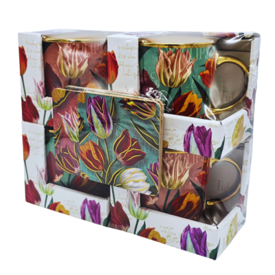 Typisch Hollands Geschenkset 4 Kleine mokken - Pretty tulips met Gratis onderzetters