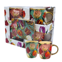 Typisch Hollands Geschenkset 4 Kleine mokken - Pretty tulips met Gratis onderzetters