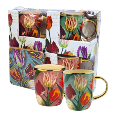 Typisch Hollands Geschenkset mit 4 großen Tassen – Hübsche Tulpen mit kostenlosen Untersetzern
