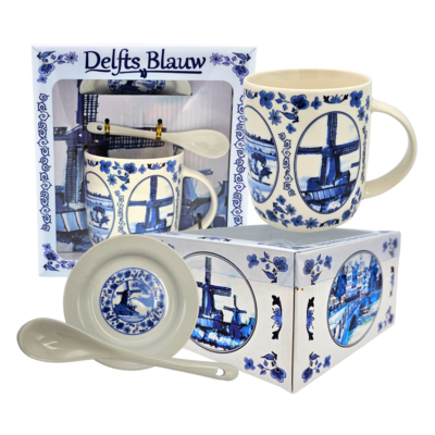 TTD Gifts Mug with spoon and saucer Holland Delft blue