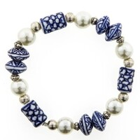 Heinen Delfts blauw Armband - Delfts blauw - Lange , ovaal plat en witte parels