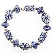 Heinen Delfts blauw Armband - Delfts blauw - Platte bolle en Rond  kralen en zilveren pillen