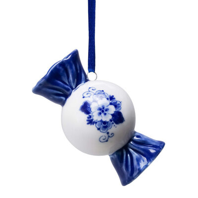 Heinen Delfts blauw Kerstornament - Delfts blauw - Snoepje met bloemmotief