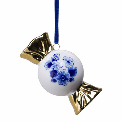 Heinen Delfts blauw Weihnachtsschmuck - Delfterblau - Gold - Bonbon mit Blumenmotiv