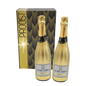 Typisch Hollands Nieuwjaars-Relatiegeschenk - Cava in gouden fles - set van twee in luxe geschenkdoos