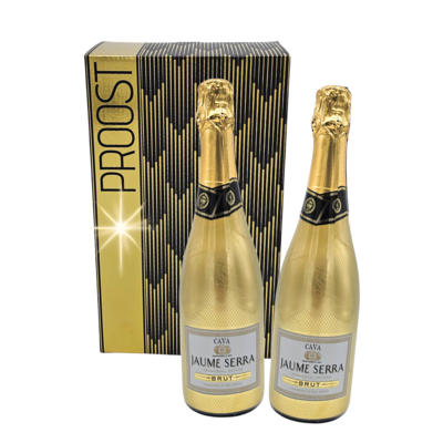 Typisch Hollands Firmengeschenk zum neuen Jahr – Cava in einer Goldflasche – 2er-Set in einer luxuriösen Geschenkbox