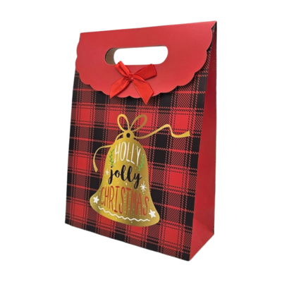 Typisch Hollands Geschenktas  van karton - Kerst - Rood met gouden kerstbel