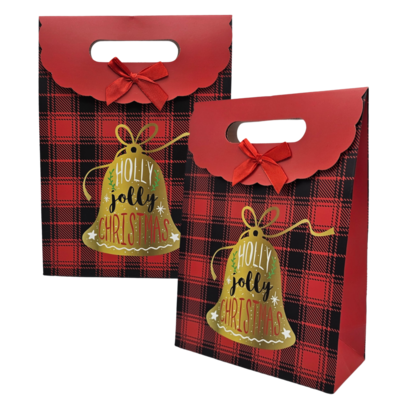 Typisch Hollands Geschenktas  van karton - Kerst - Rood met gouden kerstbel