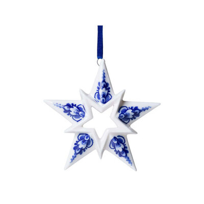 Heinen Delfts blauw Kerstornament - Delfts blauw - Ster met bloemdecoratie