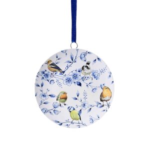Heinen Delfts blauw Weihnachtsschmuck – runder Anhänger – Blüten und Waldvögel