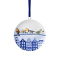 Heinen Delfts blauw Christmas ornament - round hanger - City birds at gable houses