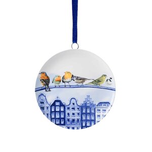 Heinen Delfts blauw Weihnachtsschmuck - runder Aufhänger - Stadtvögel an Giebelhäusern