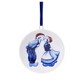 Heinen Delfts blauw Christmas ornament - pendant round - Kissing couple with Santa hat