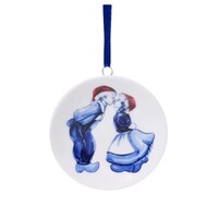 Heinen Delfts blauw Weihnachtsschmuck - runder Anhänger - Küssendes Paar mit Weihnachtsmannmützen