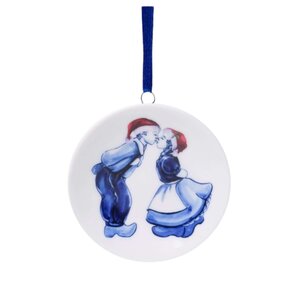 Heinen Delfts blauw Christmas ornament - pendant round - Kissing couple with Santa hat