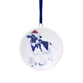 Heinen Delfts blauw Christmas ornament - pendant round - Cow with Santa hat