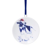 Heinen Delfts blauw Christmas ornament - pendant round - Cow with Santa hat