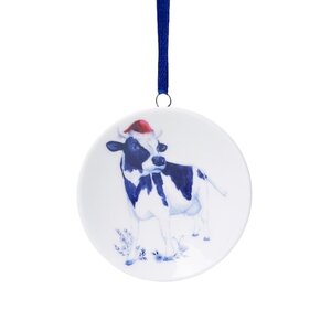 Heinen Delfts blauw Christmas ornament - pendant round - Cow with Santa hat