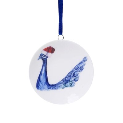 Heinen Delfts blauw Kerstornament - hanger rond -Pauw met kerstmuts