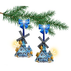 Typisch Hollands Weihnachtsschmuck in Form einer Windmühle – Blau – Gold – 2er-Set