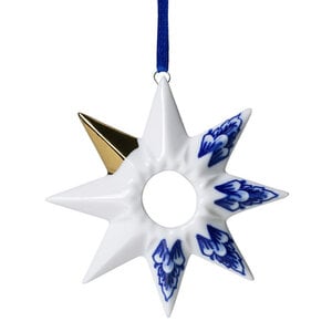 Heinen Delfts blauw Kerstornament - Delfts blauw - Ster met bloem en gouden decoratie