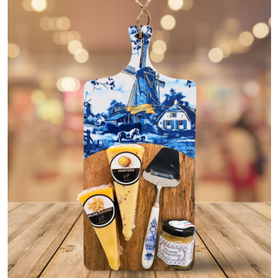 Typisch Hollands Kaasgeschenk - Houten kaasplank - Delfts blauw - Groot