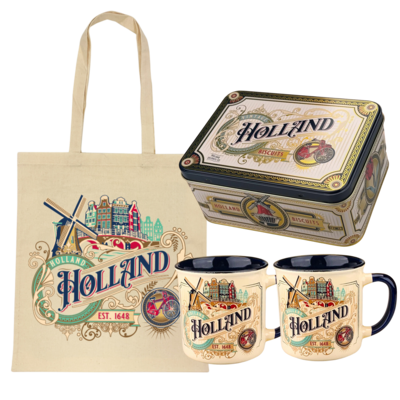 Typisch Hollands Holland gift set - Speculaas in a tin, mugs and bag in a luxury gift box