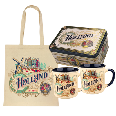 Typisch Hollands Holland cadeauset - Speculaas in blik ,mokken en tas  in luxe geschenkdoos