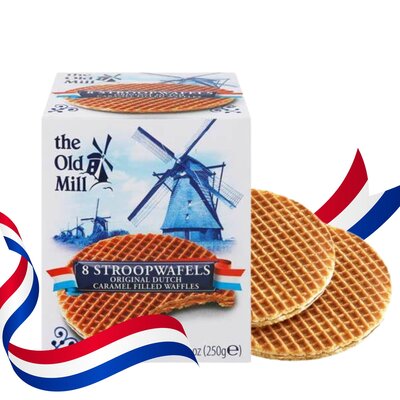 Typisch Hollands Stroopwafels in Delfts blauw doosje met molenlandschap