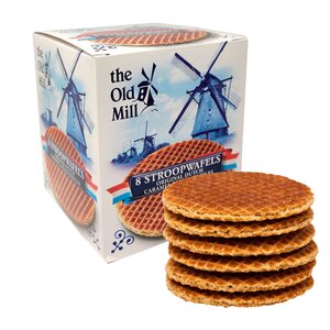 Typisch Hollands Stroopwafels in Delfter blauer Schachtel mit Mühlenlandschaft