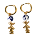 Heinen Delfts blauw Earrings - Delft Blue Bead and Windmill - Charm - Gold