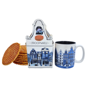 Typisch Hollands Geschenkset mit Delfter-Blau-Tasse und Stroopwafelhaus.