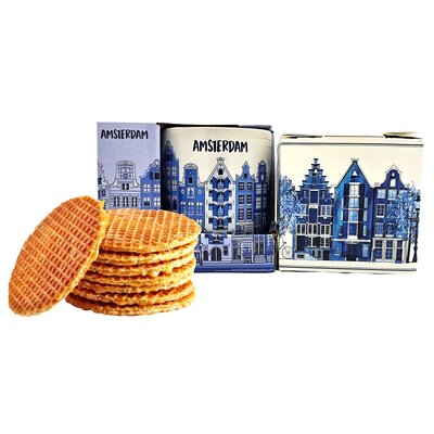 Typisch Hollands Geschenkset Delfts blauwe mok met Huisje  stroopwafels.