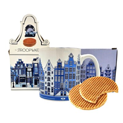 Typisch Hollands Geschenkset mit Delfter-Blau-Tasse und Stroopwafelhaus.