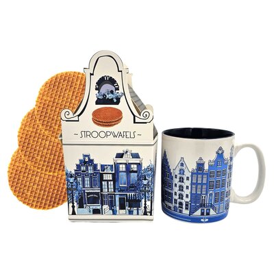 Typisch Hollands Geschenkset mit Delfter-Blau-Tasse und Stroopwafelhaus.
