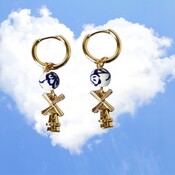 Heinen Delfts blauw Earrings - Delft Blue Bead and Windmill - Charm - Gold
