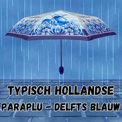 Typisch Hollands Luxe Paraplu Delfts blauwe molens en bloemmotief